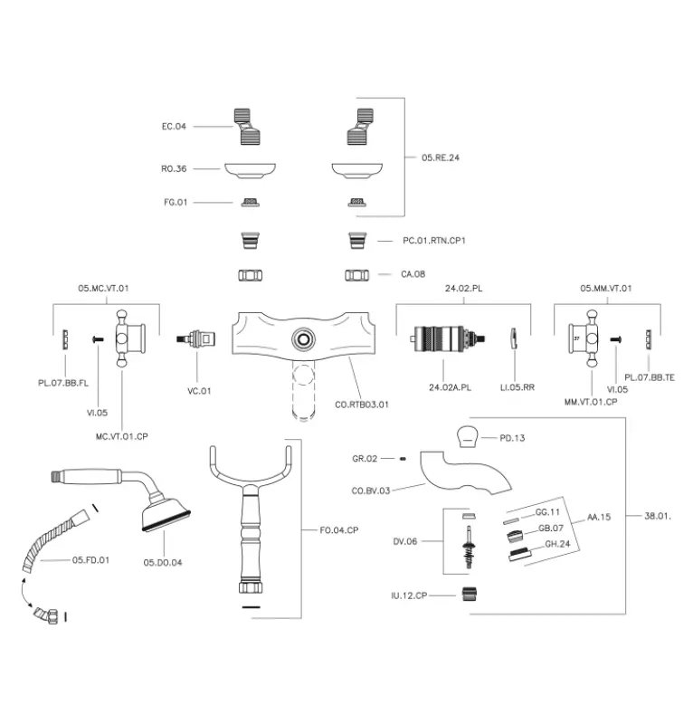 Huber Victorian Thermostatische Badkraan met douchegarnituur Goud VTT330102G
