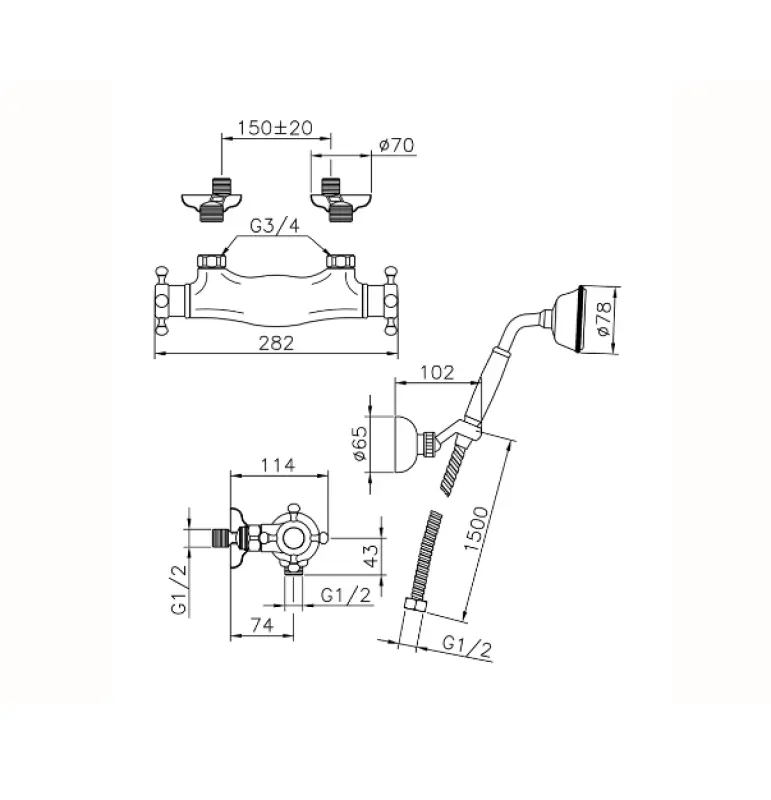 Huber Victorian Thermostatische Douchekraan met handdouche RVS VTD010102A