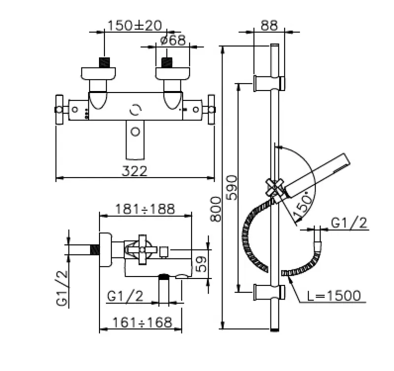 Huber Suite Opbouw badthermostaat met glijstangset 192ST01HCR