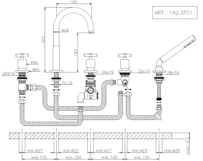 Huber Suite 5-gats badkraan voor badrandmontage 262ST01HCR