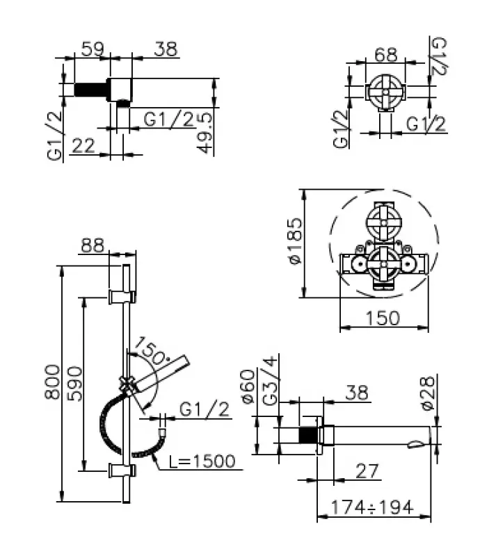 Huber Suite Inbouw Badset met thermostaat en glijstangset 914ST01HCR