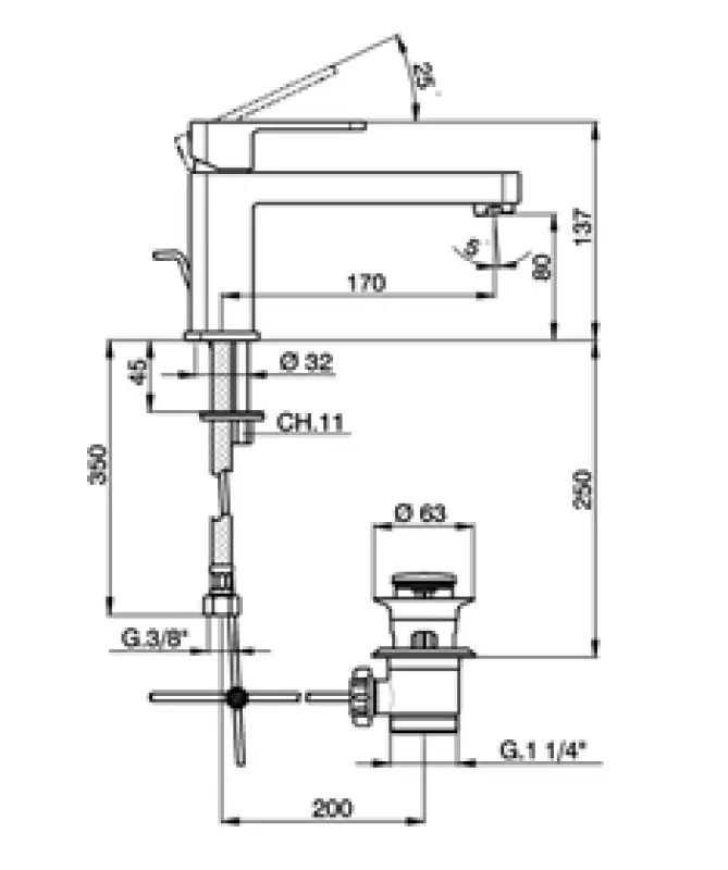Huber Dado wastafelkraan langere uitloop met waste chroom DD.001510.21