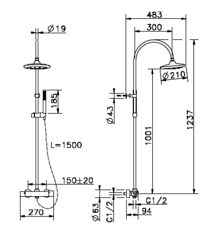 Huber Rondo douchekolom met thermostaaat Chroom RNC7001021