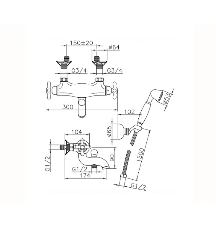 Huber Croisette Badthermostaatkraan met handdoucheset Goud CSD270102G