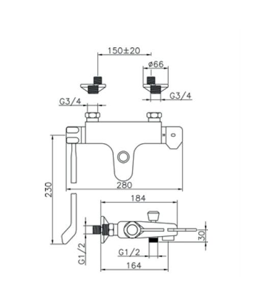 Huber Clinic Lever Thermostatische Badkraan Chroom 572.08LCH.CR - Productafbeelding 2