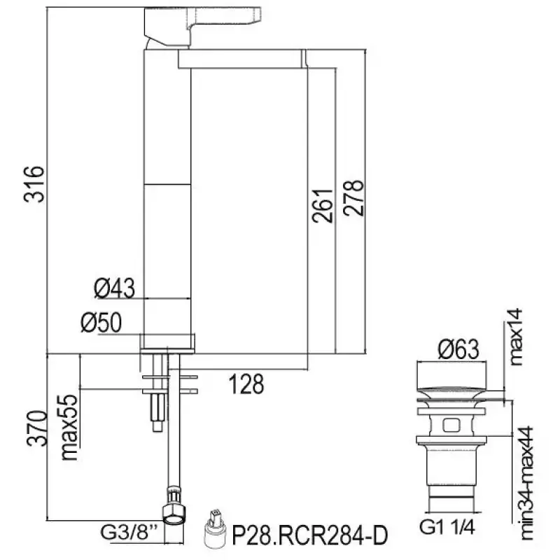 Rubio Veneto Fall hoge wastafelkraan met waste chroom R20651421