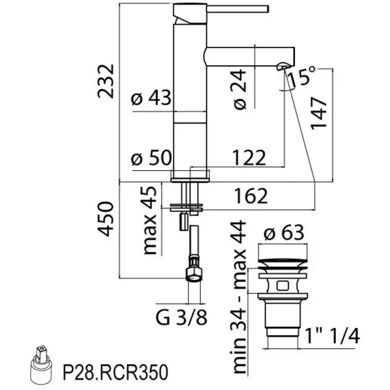 Rubio Roma verhoogde wastafelkraan 232 met waste chroom R20270321