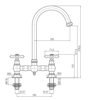 PB Nostalgische Brugkeukenkraan Chroom ronde uitloop met sterknoppen PBN.CHR.R.ST