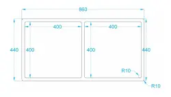 Caressi R10 dubbele rvs spoelbak 40x40+40x40cm onderbouw, vlakbouw en opbouw CAPP4040R10