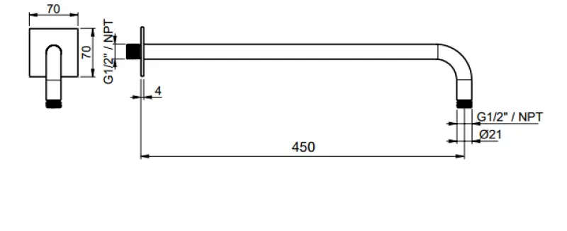 SB Square 316 muur douche arm rond 45cm met vierkante rozet massief geborsteld 316 RVS