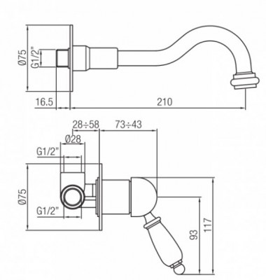 PB nostalgische inbouw wastafelmengkraan Vintage uitloop 21cm Brons
