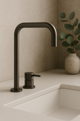 Waterevolution Flow 2-gats wastafelkraan  hoge uitloop 222 PVD Gun Metal T122HGME