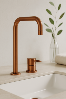 Waterevolution Flow 2-gats wastafelkraan hoge uitloop 222 PVD Geborsteld Koper T122HCPE