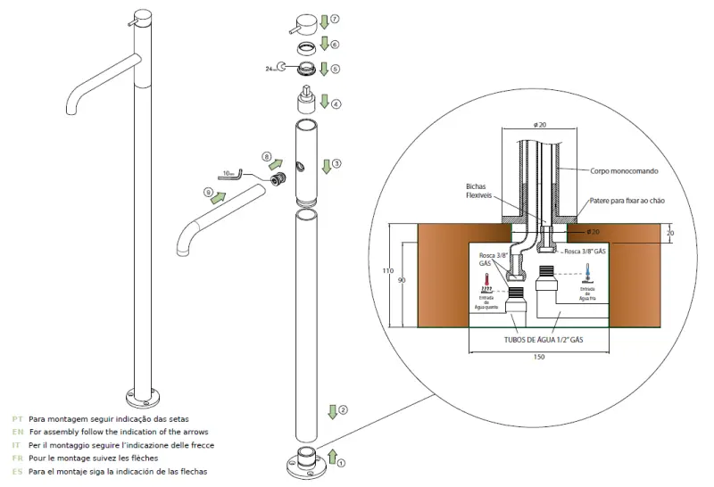 Waterevolution Flow vrijstaande wastafelkraan Geborsteld Messing  T113LE