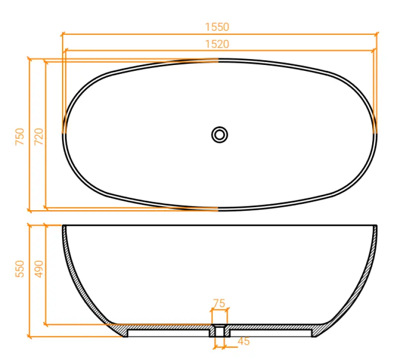 Solid-S Oval kleine vrijstaand ligbad 155x75 mat wit solid surface wit 1208954246