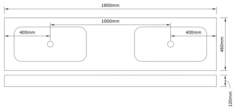 Solid-S dubbele wastafel solid surface mat wit zonder kraangat (zelf te maken)  B180xD46xH12cm 1208955239