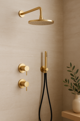 Waterevolution Flow inbouw doucheset met thermostaat regendouche en handdouche geborsteld light gold PVD