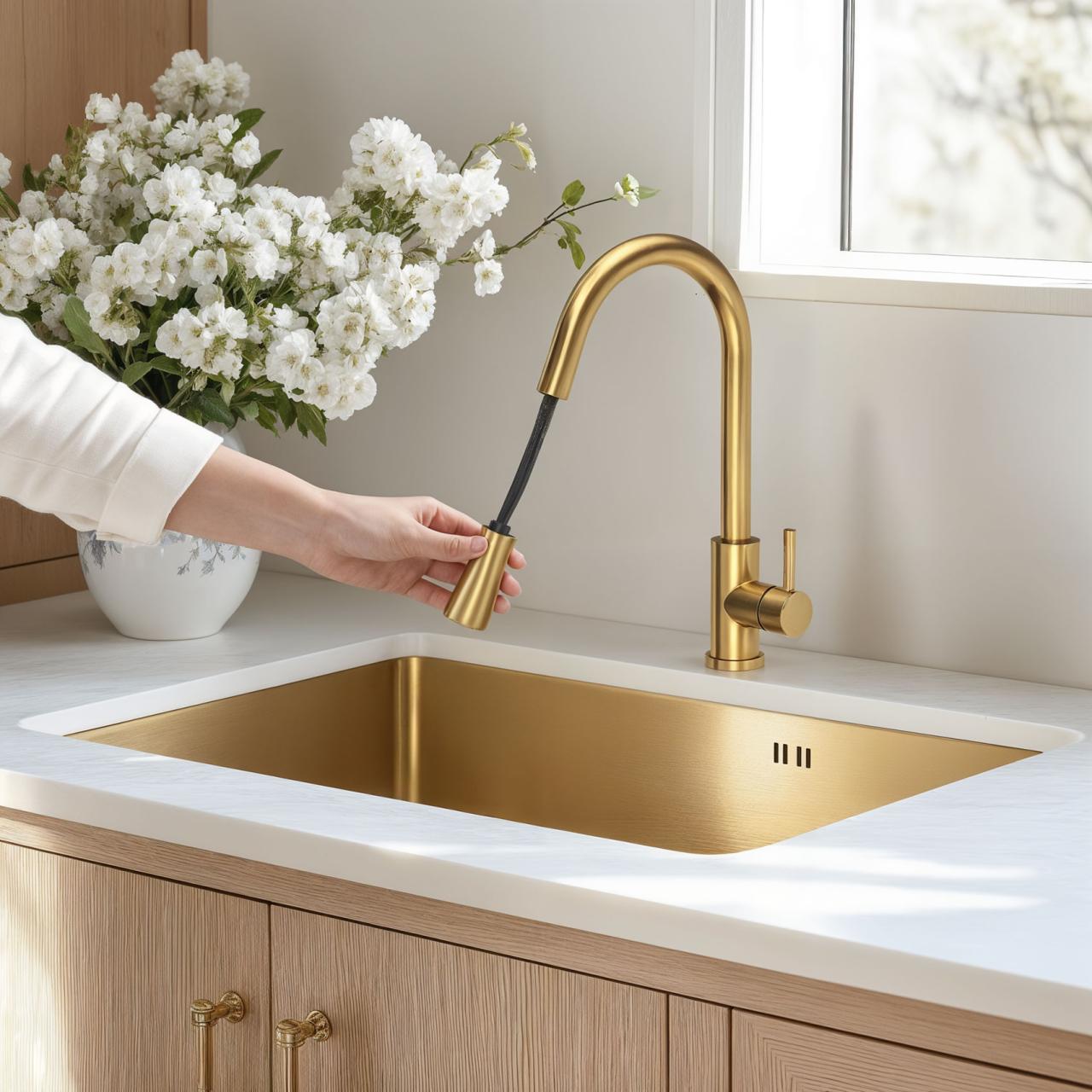 Quadri Leeds keukenmengkraan met uittrekbare douche met 2 standen PVD geborsteld goud 1208955910 - Productafbeelding 2