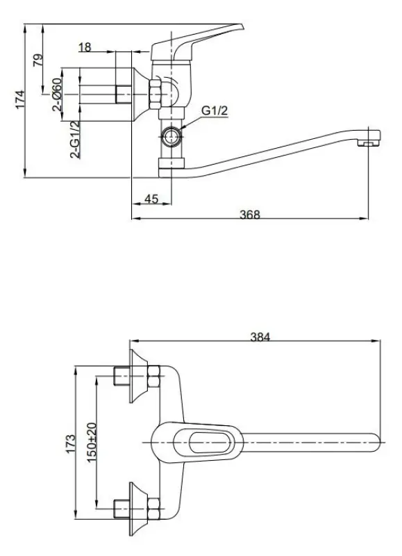Aquadesign Dijon wandkraan met extra lange uitloop totaal 37cm en handdouche aansluiting chroom 1208955951