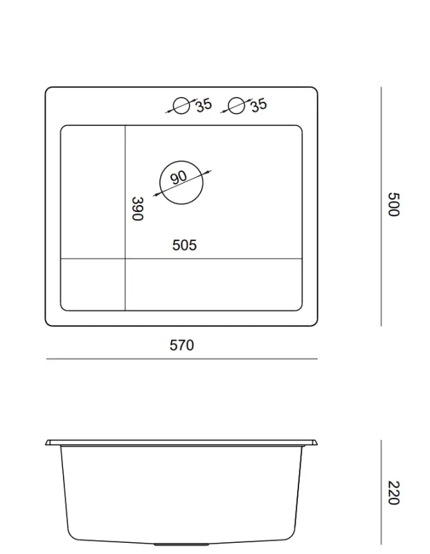 Quadri Sheffield zwarte granieten vlakbouw spoelbak 57x50cm met kraangatbank 1208956075