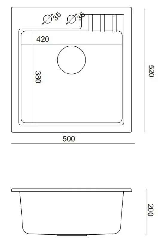 Quadri Cardigan zwarte granieten opbouw spoelbak 50x52cm met zwarte plug met kraangatbank 1208956162