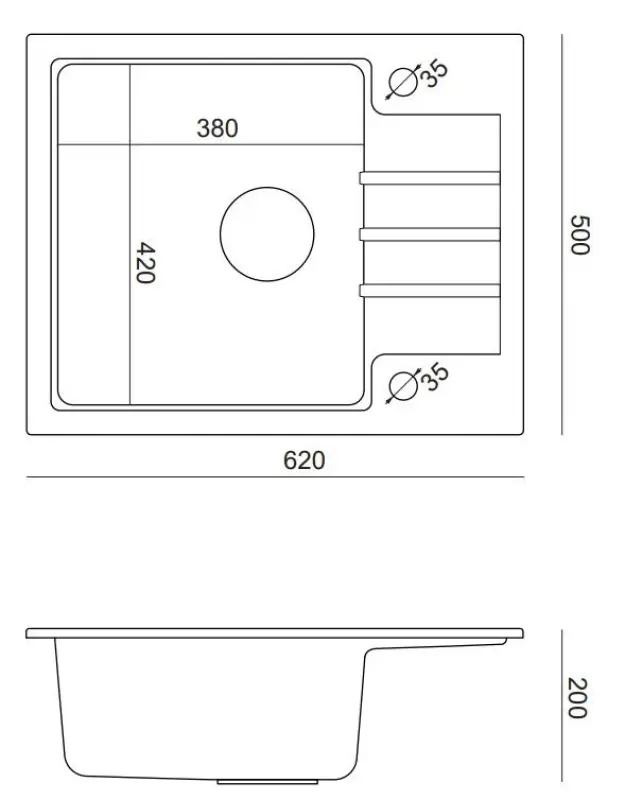 Quadri Cardigan zwarte granieten opbouw spoelbak met zwarte plug met afdruipvlak omkeerbaar 62x50cm 1208956163