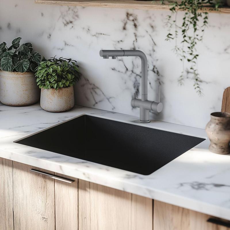 Zwarte spoelbak 50x40cm onderbouw opbouw en vlakbouw met zwart plug 1208956396