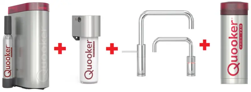 Quooker Nordic Square Twintaps Chroom PRO3 & CUBE Warm, koud, kokend, gefilterd, koud, bruisend water 3NSCHRTT+CUBE