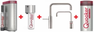 Quooker Nordic Square Twintaps RVS PRO3 & CUBE Warm, koud, kokend, gefilterd, koud, bruisend water 3NSRVSTT+CUBE