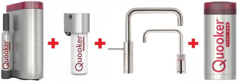Quooker Nordic Square Twintaps RVS PRO3 & CUBE Warm, koud, kokend, gefilterd, koud, bruisend water 3NSRVSTT+CUBE