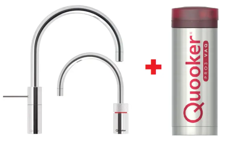 Quooker Nordic Round Twintaps Chroom PRO3 & CUBE Warm, koud, kokend, gefilterd, koud, bruisend water 3NRCHRTT+CUBE