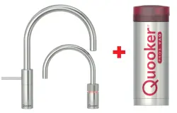 Quooker Nordic Round Twintaps RVS PRO3 & CUBE Warm, koud, kokend, gefilterd, koud, bruisend water 3NRRVSTT+CUBE