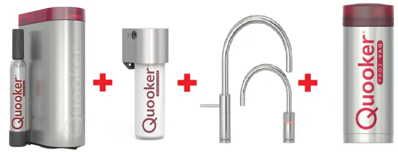 Quooker Nordic Round Twintaps RVS PRO3 & CUBE Warm, koud, kokend, gefilterd, koud, bruisend water 3NRRVSTT+CUBE