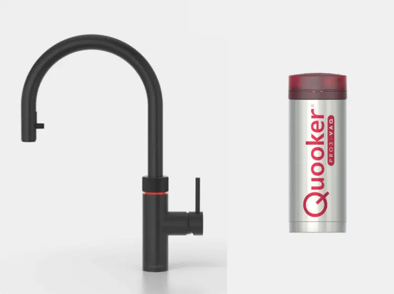 Quooker Flex Zwart PRO3 & CUBE Warm, koud, kokend, gefilterd, koud, bruisend water 3XBLK+CUBE