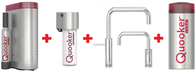 Quooker Nordic Square Twintaps Chroom Combi+ & CUBE Warm, koud, kokend, gefilterd, koud, bruisend water 22+NSCHRTT+CUBE