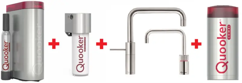 Quooker Nordic Square Twintaps RVS Combi+ & CUBE Warm, koud, kokend, gefilterd, koud, bruisend water 22+NSRVSTT+CUBE