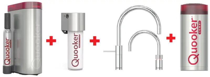 Quooker Nordic Round Twintaps Chroom Combi+ & CUBE Warm, koud, kokend, gefilterd, koud, bruisend water 22+NRCHRTT+CUBE
