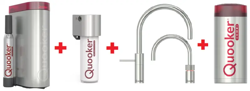 Quooker Nordic Round Twintaps RVS Combi+ & CUBE Warm, koud, kokend, gefilterd, koud, bruisend water 22+NRRVSTT+CUBE