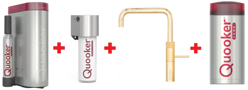 Quooker Fusion Square Goud Combi+ & CUBE Warm, koud, kokend, gefilterd, koud, bruisend water 22+FSGLD+CUBE