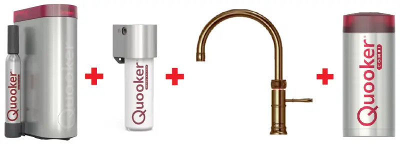 Quooker Classic Fusion Round Messing natuur COMBI & CUBE Warm, koud, kokend, gefilterd, koud, bruisend water 22CFRPTN+CUBE