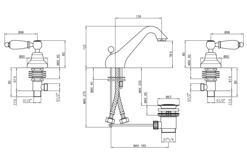 PB klassieke kraan 3 gats lage wastafelkraan Witte hendels Brons 1208956907