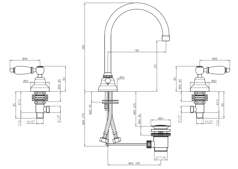 PB klassieke kraan 3 gats wastafelkraan Witte hendels met ronde uitloop Chroom 1208956912