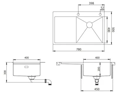 Ausmann Turt gouden spoelbak met afdruipgedeelte links 780x500mm opbouw en vlakbouw 1208956942