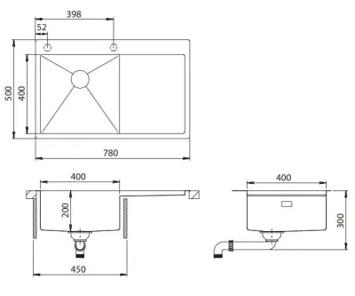 Ausmann Turt RVS spoelbak met afdruipgedeelte rechts 780x500mm opbouw en vlakbouw 1208956954