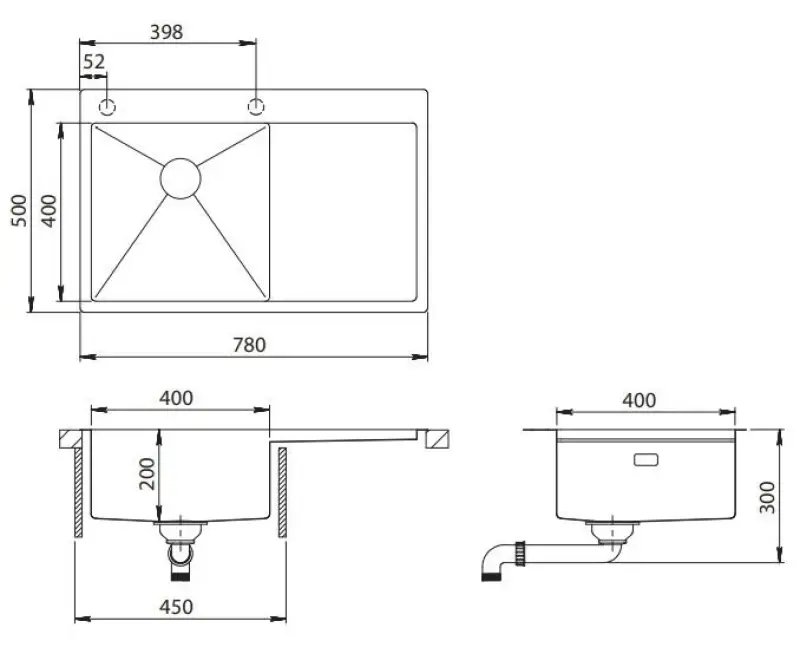 Ausmann Turt RVS spoelbak met afdruipgedeelte rechts 780x500mm opbouw en vlakbouw 1208956954