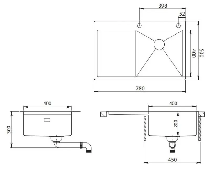 Ausmann Turt RVS spoelbak met afdruipgedeelte links 780x500mm opbouw en vlakbouw 1208956957