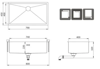 Ausmann Oder grote rvs spoelbak 74x40cm vlakbouw onderbouw en opbouw extra diep 22cm 1208957114