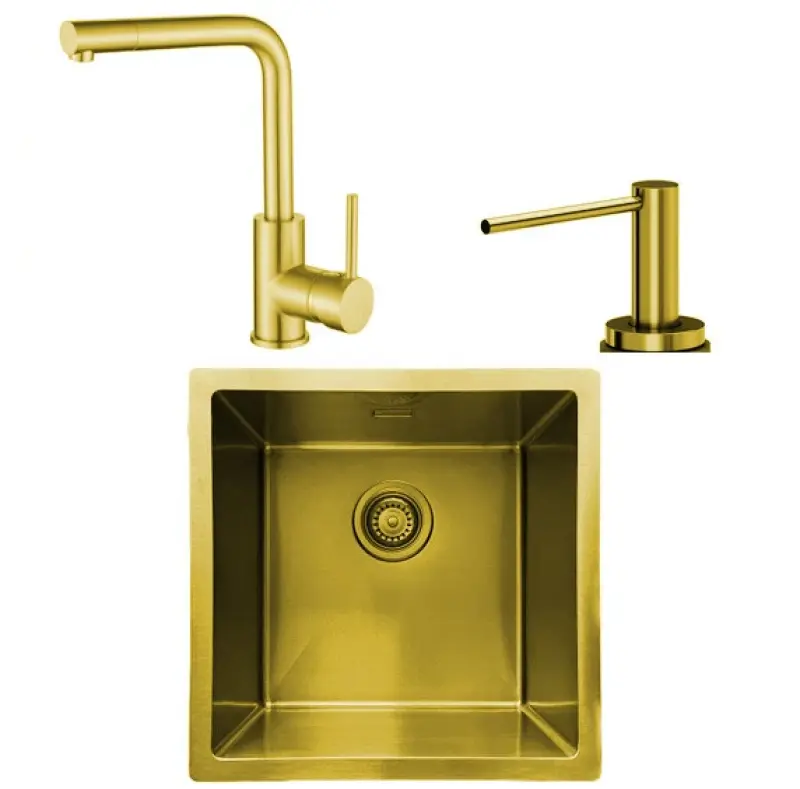 Combinatie set Spoelbak met keukenkraan en zeepdispenser geborsteld goud