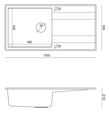 Quadri Luton zwarte granieten opbouw spoelbak met afdruipvlak omkeerbaar 100x50cm met zwarte plug 1208957323