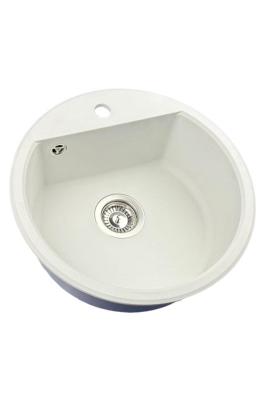 GraniteMy Bremen ronde granieten spoelbak 43 cm wit opbouw en onderbouw met kraangatbank met rvs plug 1208957356